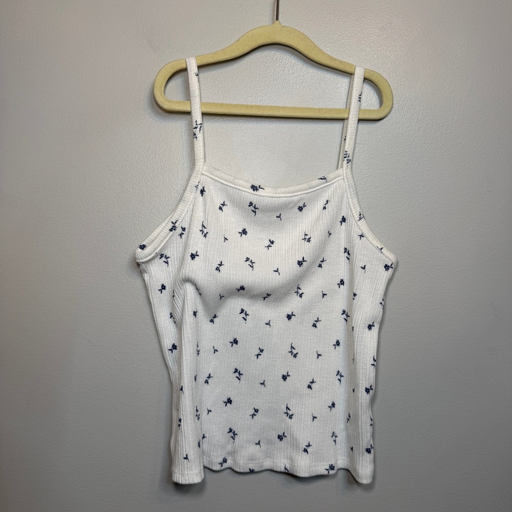 Old Navy Girls Ribbed Floral Cami Tank Top White Blue Spaghetti Strap Size 14/16